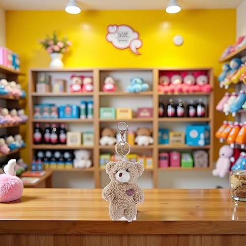 Miniatura 3 de Jowxsx 1 llavero de peluche pequeño de oso marrón con corazón rosa para mochila, llavero de algodón suave para regalo, graduación, fiesta,