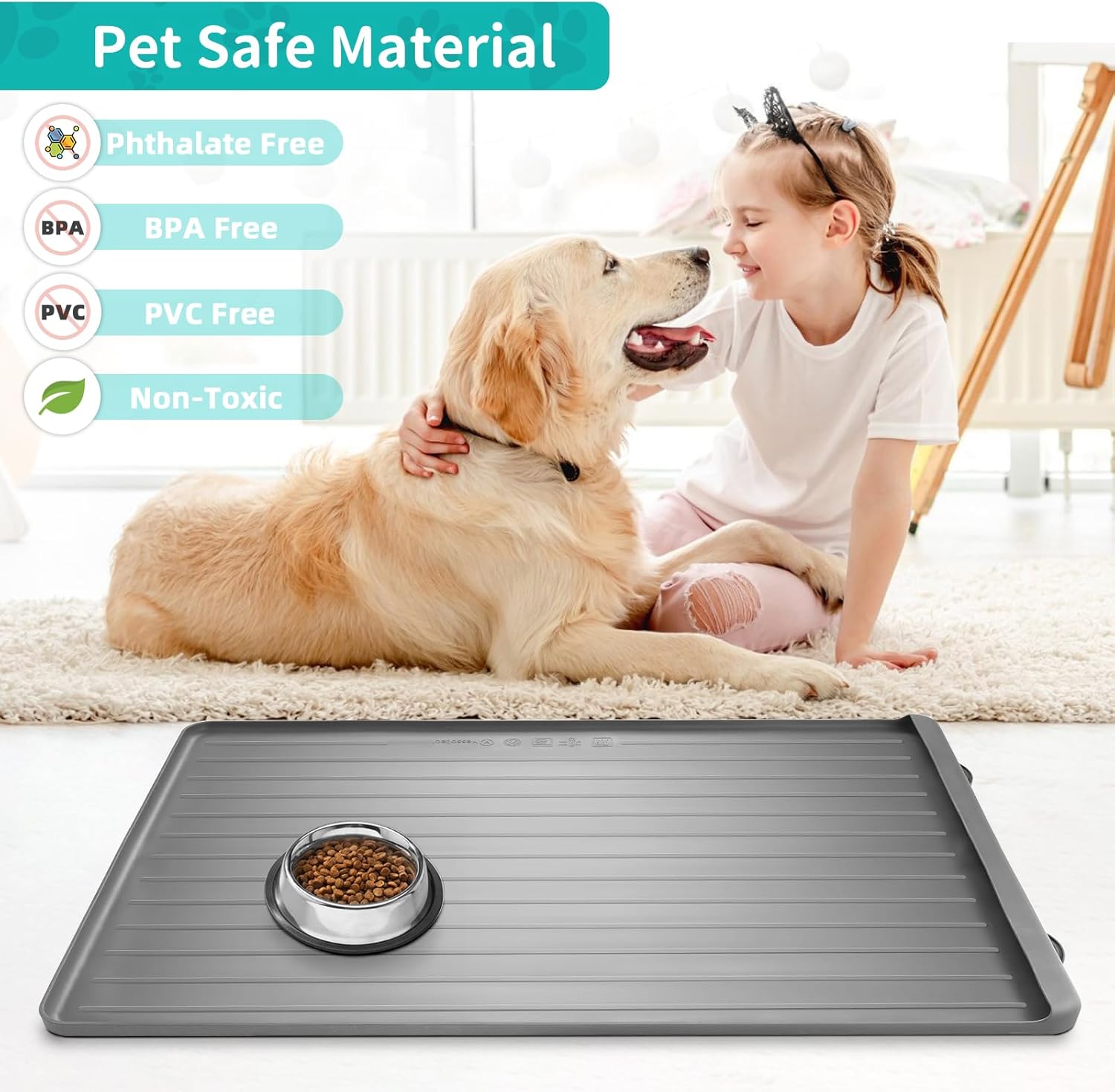 Dog Mat for Food and Water - 39.4" x 27" Large Pet Feeding Mats with Residue Collection Pocket - Waterproof Dog Cat Bowl Mat with High Edges to Prevent Water and Food Spills (Light Grey) - Image 6