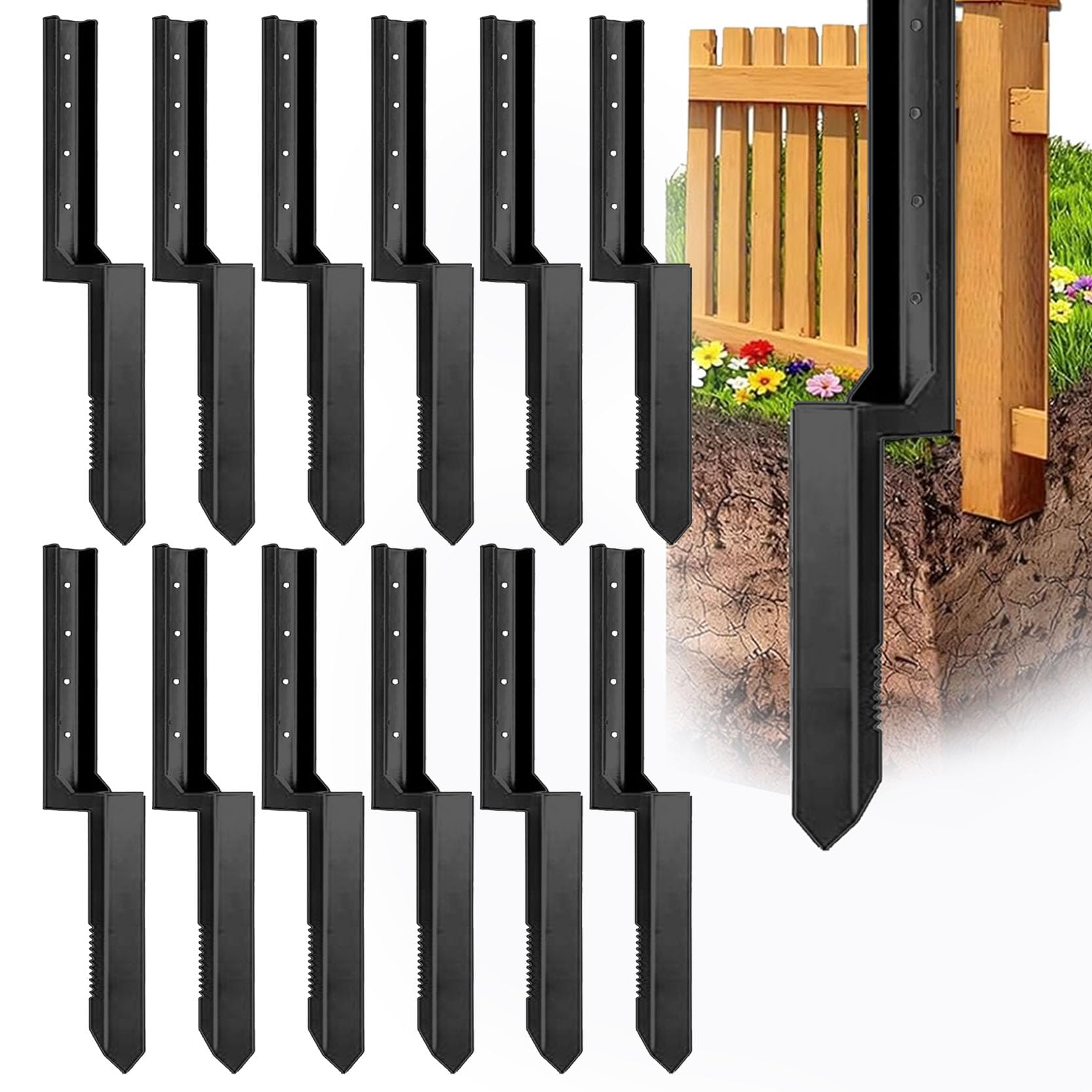 GOUZIBHD 12-PCS Fence Post Repair Fence Post Repair Kit Fence Post Anchor Post Anchor Ground Spike Quick Fix Rotted Tilted Broken Leaning Wood Posts Support Easy Solution Fence Post Anchor Stakes