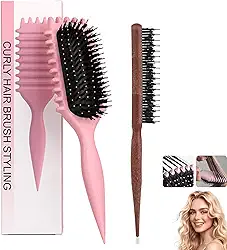 Escova de Cabelo Cacheado, Escova Massageadora para Cacheados, Redutor de Frizz com Cerdas Almofadadas, Couro Cabeludo Sensível e Todos os Tipos de Cacho(Rosa)