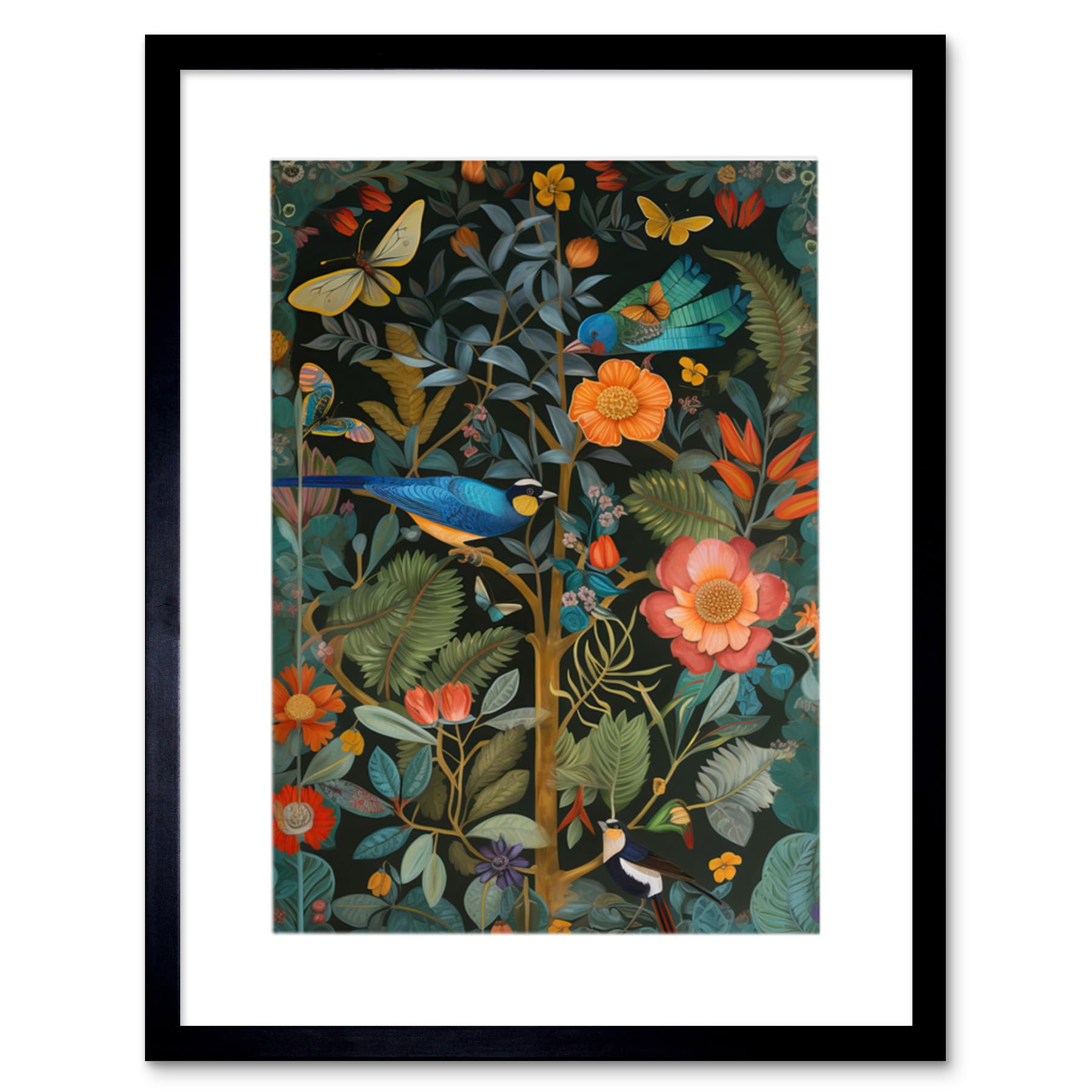 Artery8 Framed Art Print - Birds & Butterflies Nouveau Artwork - W12" x H16"