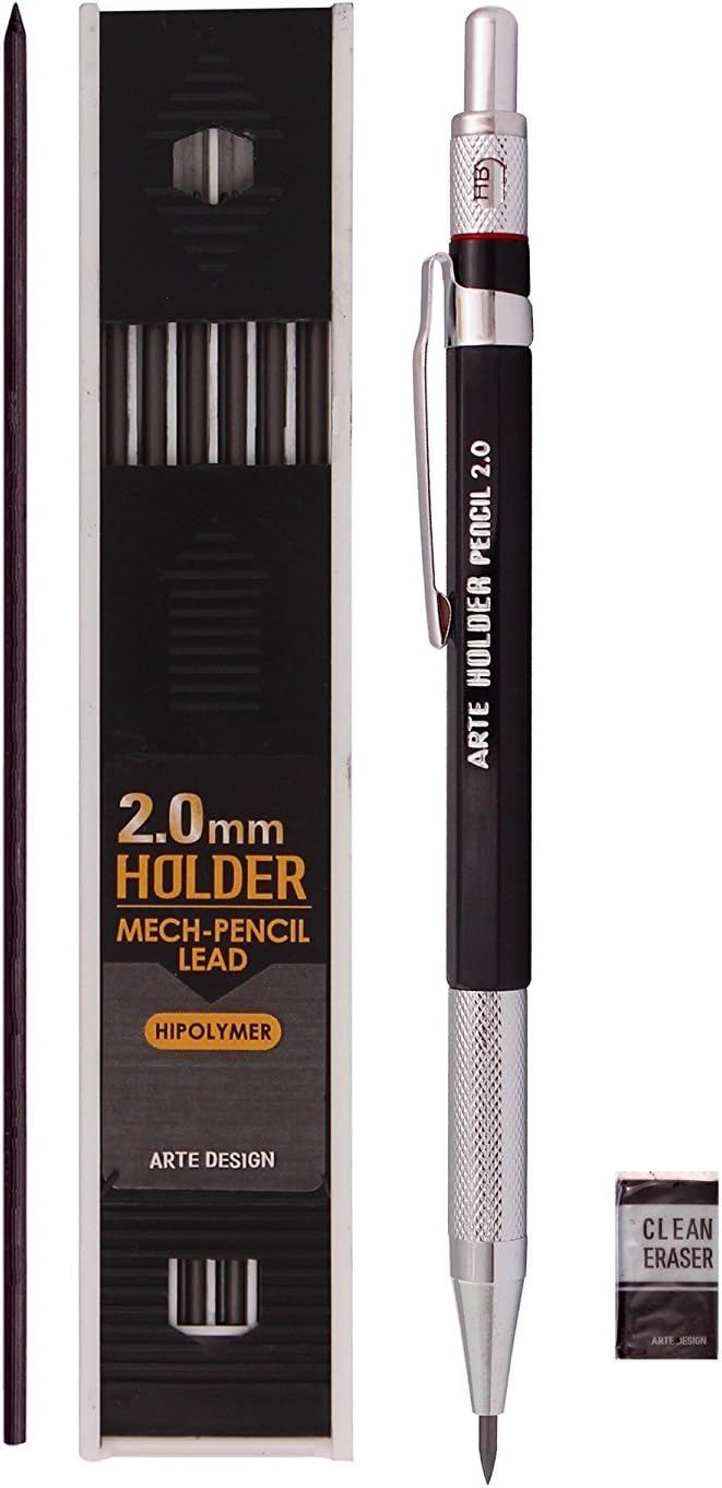 2.0mm Lead Holder Pen Mechanical Pencil for Draft Drawing, Art Sketching Carpenter +(Lead 1 Pack,Eraser) (Black Body)