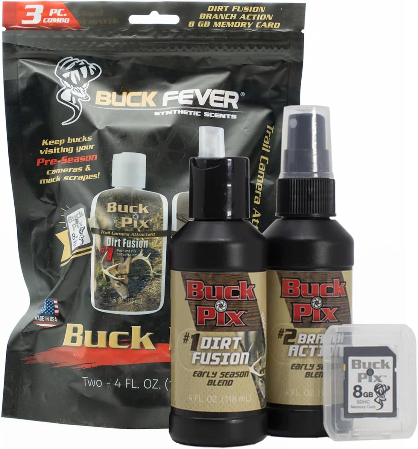 Buck Fever Buck Pix 2,3,4-Piece kit - Synthetic Deer Scent (4 oz Branch Action & 4 oz Dirt Fusion) for Whitetail & Mule - Non-Spoiling Deer Attractant for Outdoor Trail Camera