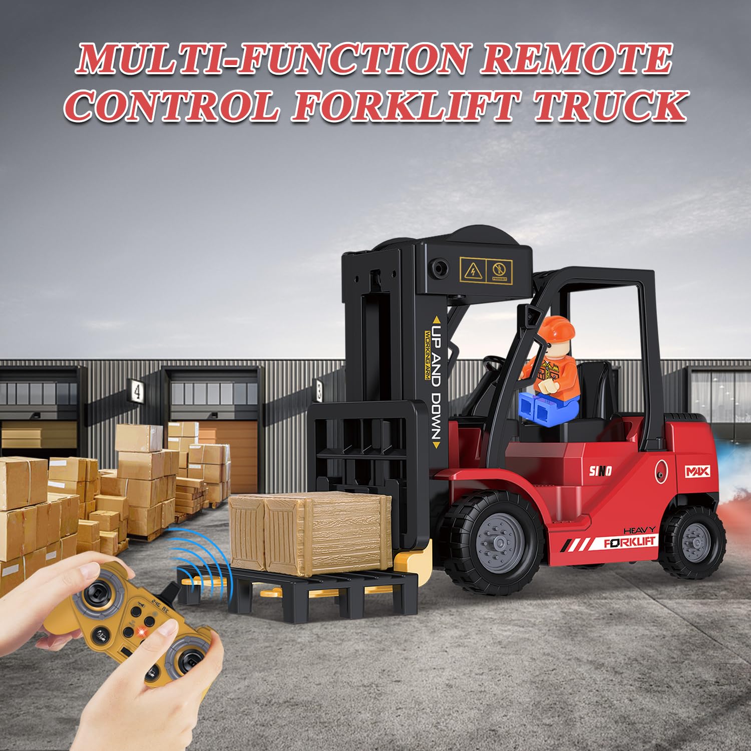 Mostop Carretilla elevadora RC con placa de soporte de construcción,Carretilla elevadora teledirigida 1/24 con cajas/sonido y spray de luz,Dos baterías recargables y cargador,Regalos para niños y