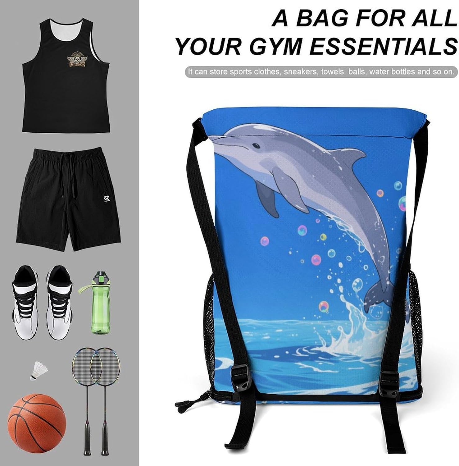 Small Gym Bag Dolphin Printed Drawstring Gym Bag for Men Lightweight Waterproof Drawstring Backpack for Women with Shoe Compartment for Travel Tourism Work And Fitness