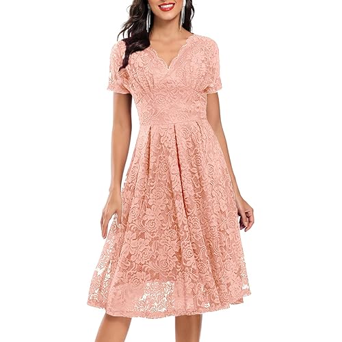 SEBOWEL Women Floral Lace V Neck Short Sleeve Formal Dress Swing A-Line Wedding Bridesmaid Cocktail Party Midi Dresses