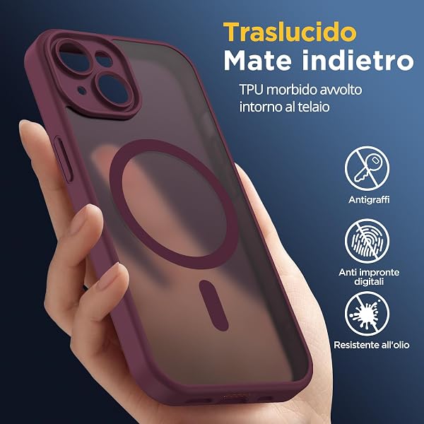Oududianzi - Cover per iPhone 15 Compatibile con MagSafe, Custodia Traslucida Posteriore PC Silicone TPU Bumper, Protezione Della Fotocamera, Cover Militare Antiurto Anti-Impronte - Bordeaux - 4