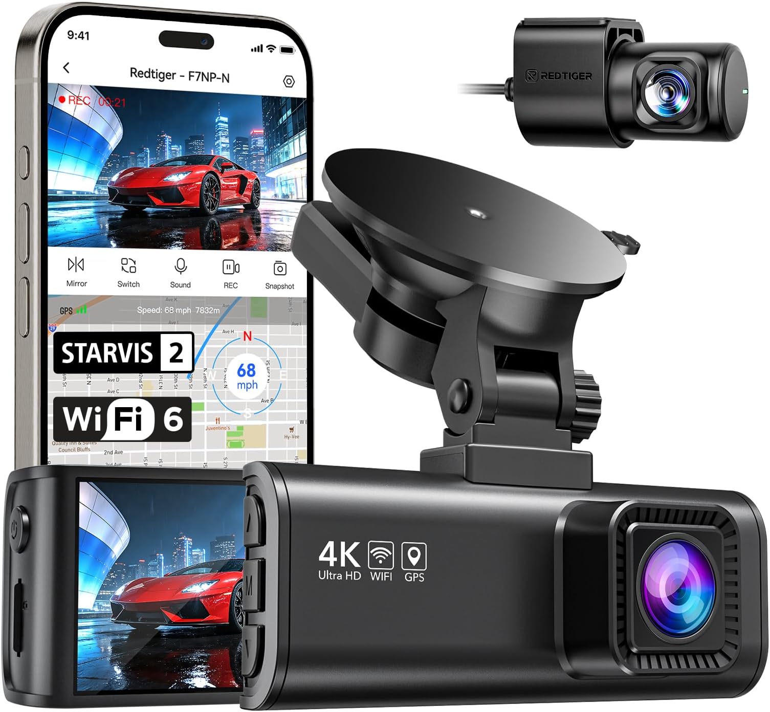 Dash Cam 4K Front and 1080P Rear, STARVIS 2 Sensor, 5.8GHz WiFi (20MB/s), GPS, WDR & HDR Night Vision, 170°Wide Angle, Parking Mode, Loop Recording with Emergency Lock(SD Card Not Included)