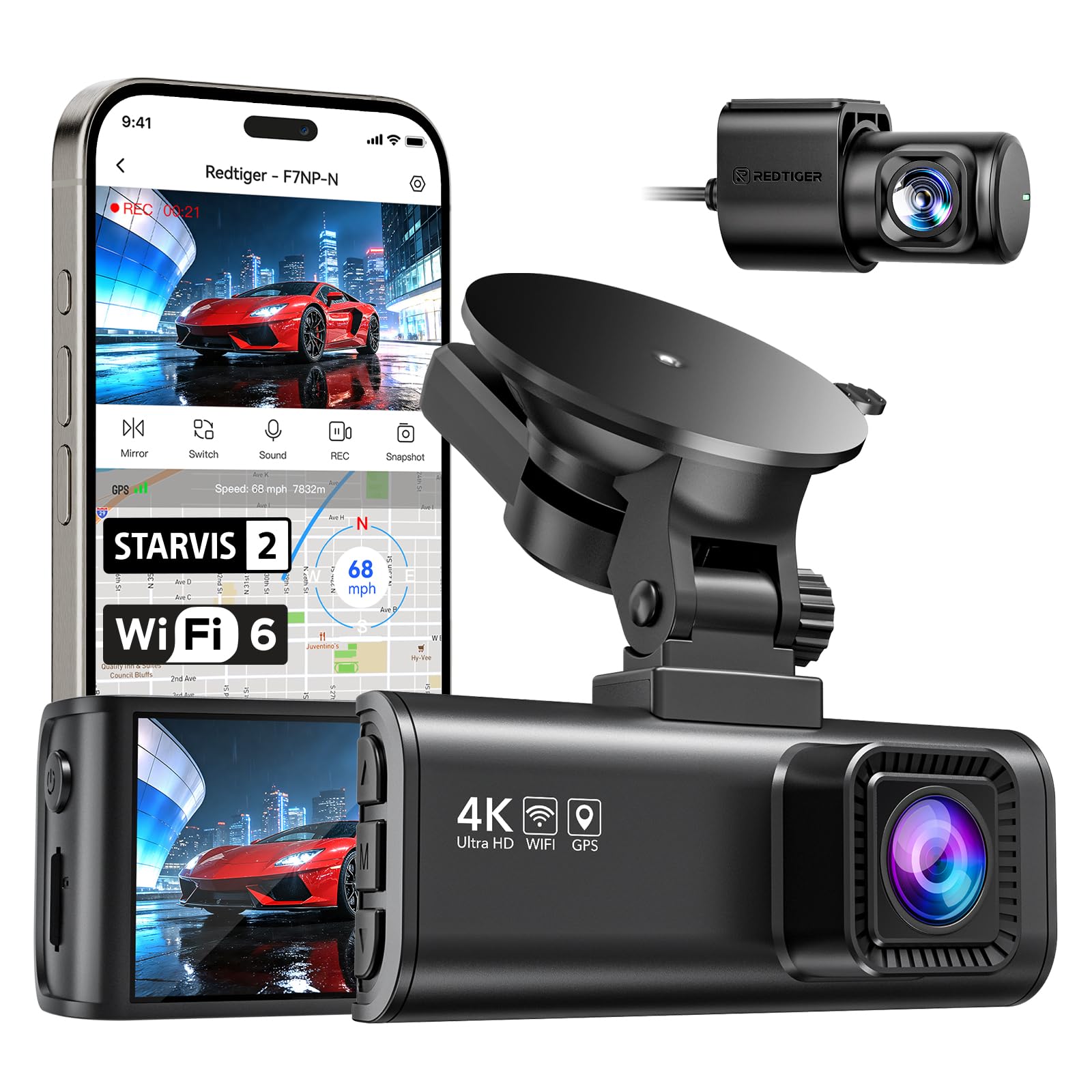 REDTIGER Dash Cam 4K Front and 1080P Rear, STARVIS 2 Sensor, 5GHz WiFi (20MB/s),