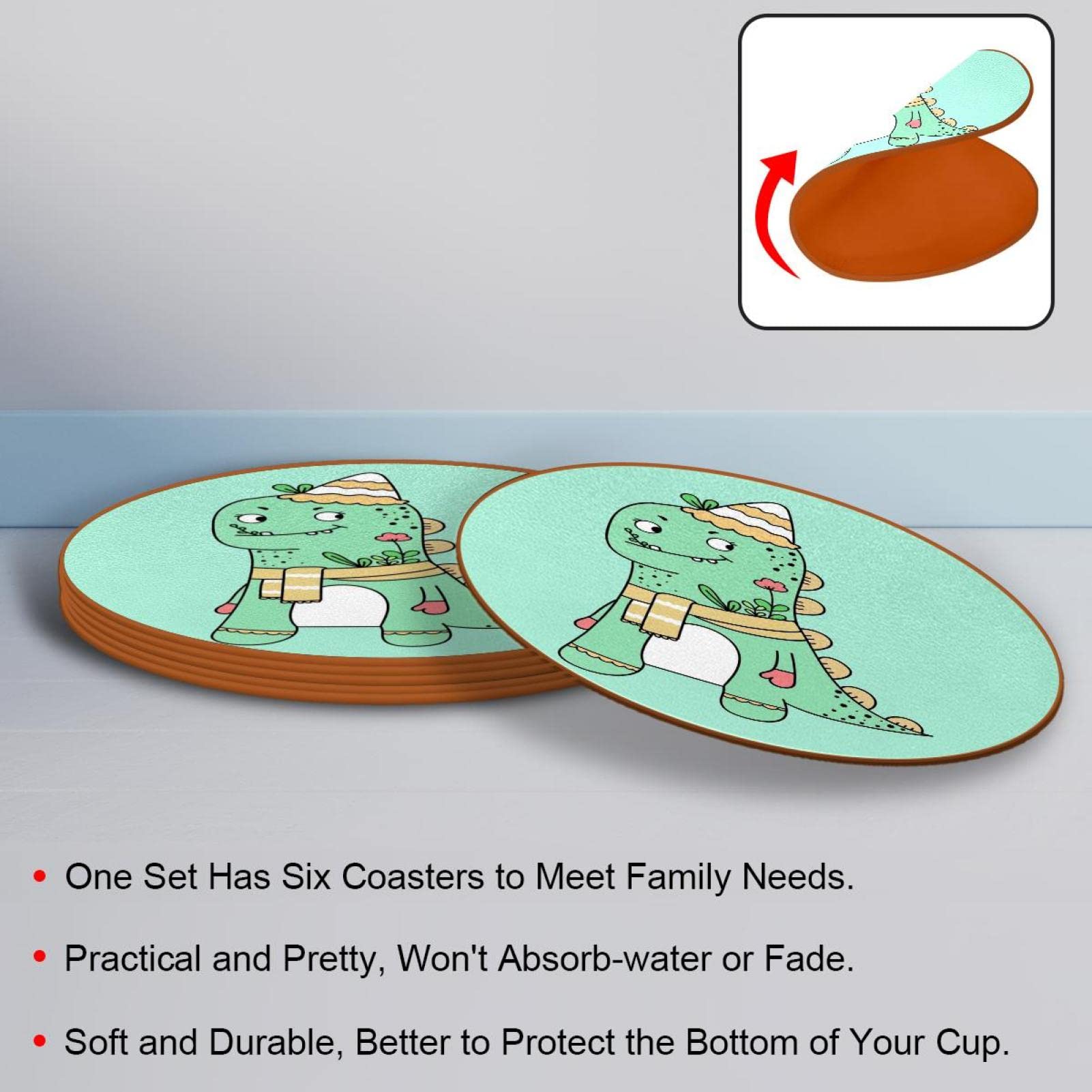 Lot de 6 dessous de verre réutilisables pour verres à vin, tasses et tasses, motif dinosaure, vert, 10,9 cm