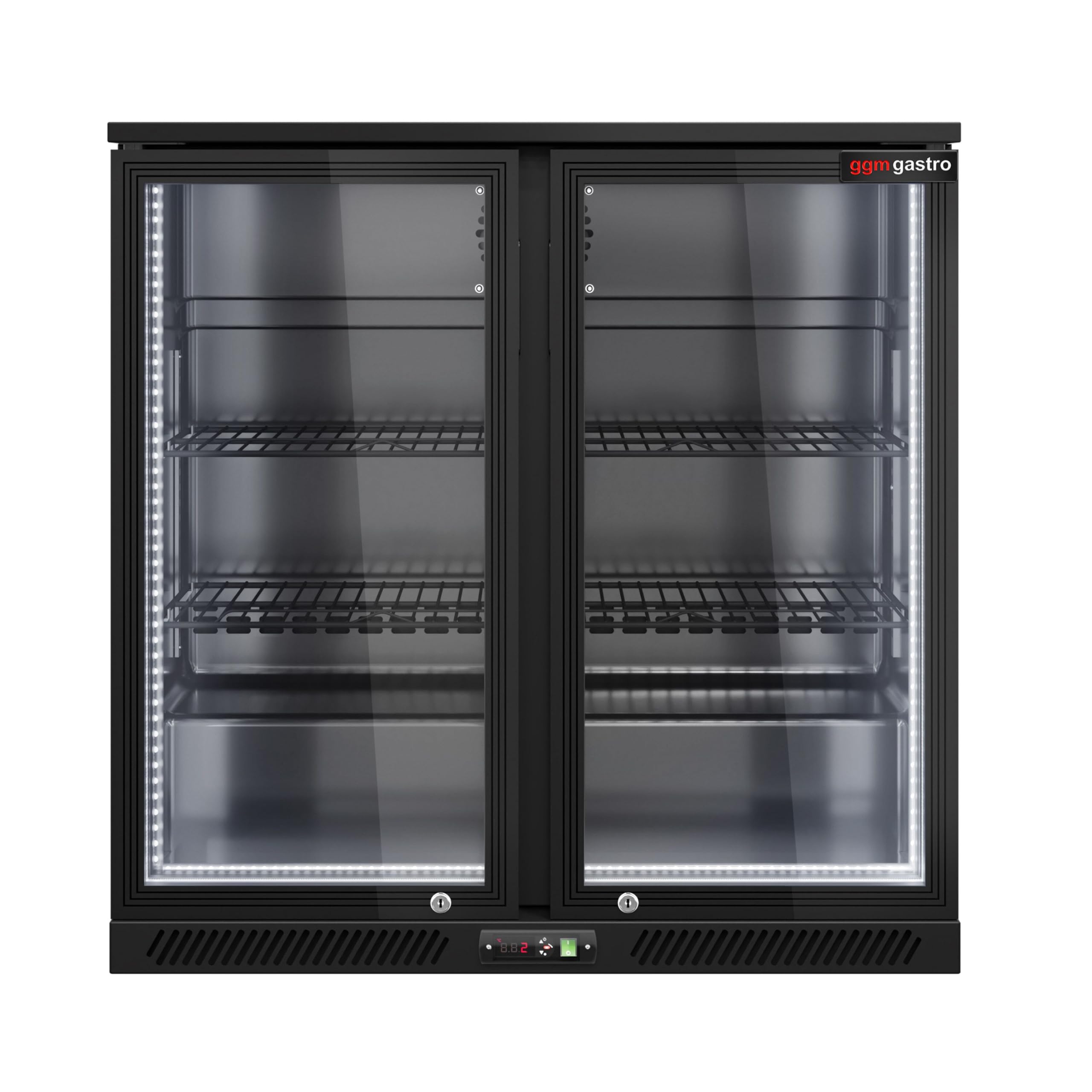 GGM Gastro | BKTLG220S | Barkühlschrank - 900mm - 220 Liter - mit 2 Glasflügeltüren - Außen & Innen Schwarz