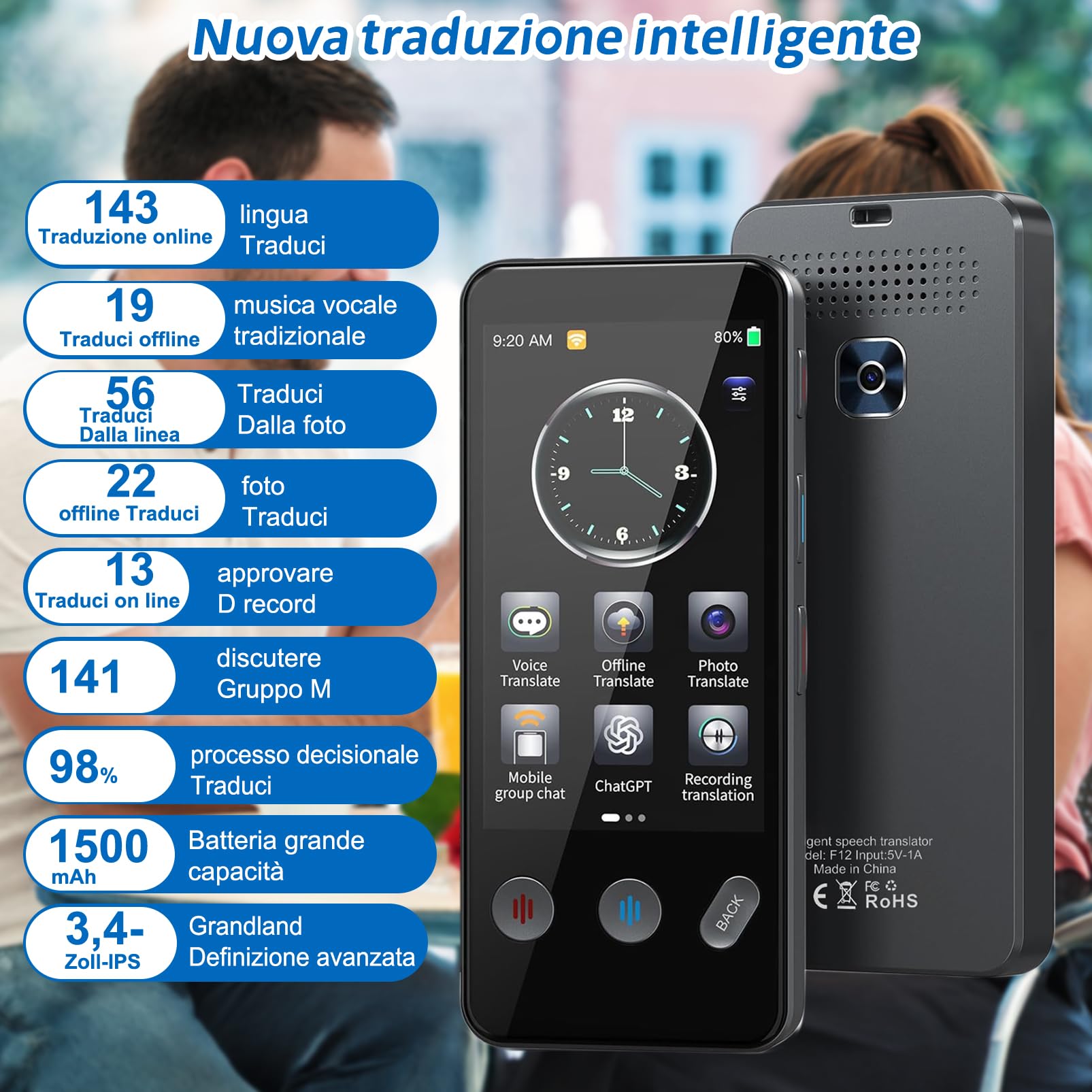 Dispositivo di traduzione lingua, Traduttore AI Intelligente di 143 Lingue con,Traduzione Offline e Traduzione Istantanea Bidirezionale,imparare regali di viaggio d'affari