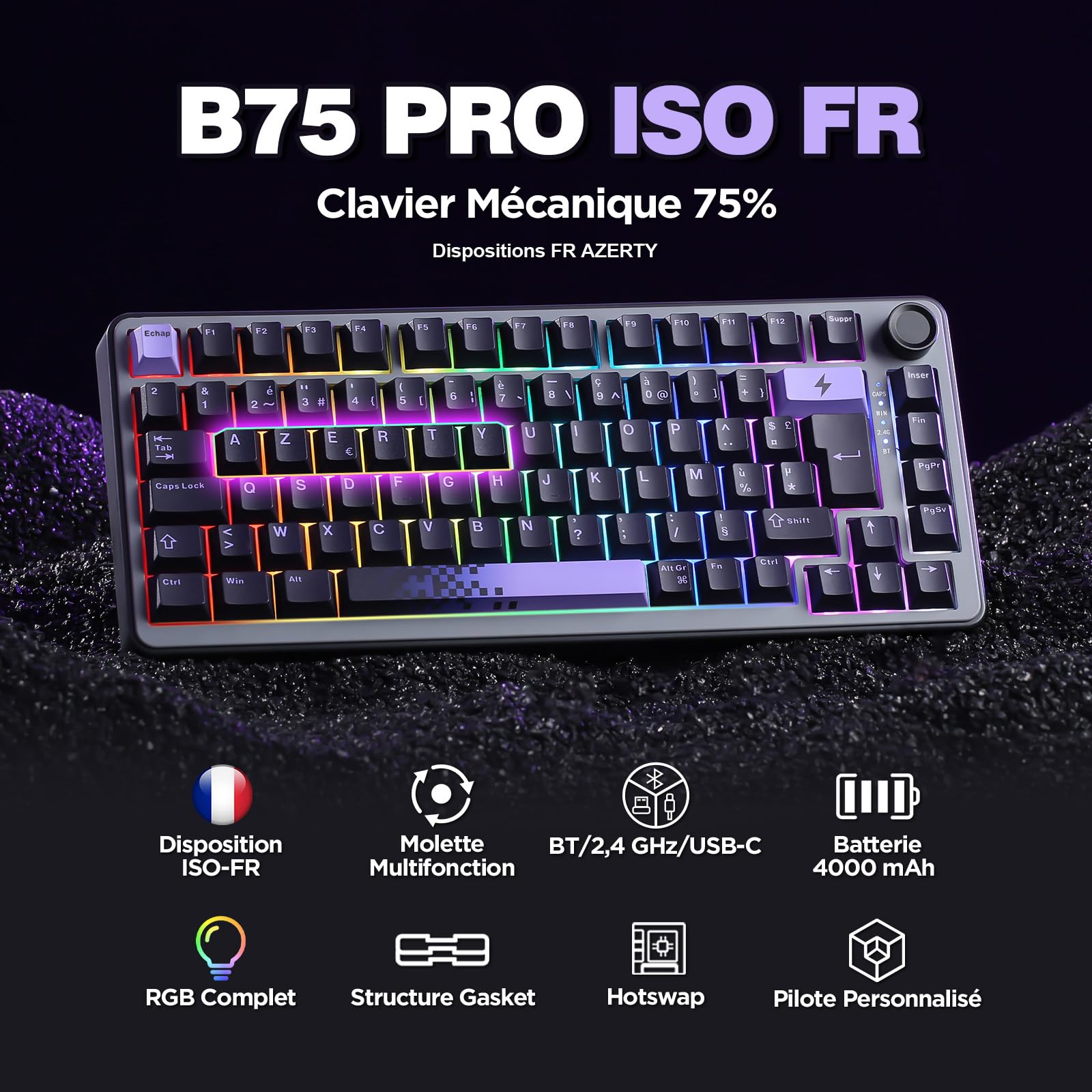 YUNZII B75 Pro FR AZERTY Clavier Gamer sans Fil (Noir, Milk V2 Switch) | Français Disposition 75% , Bluetooth 5.0 / 2,4 / USB-C Filaire, RGB, Hotswap, Structure Gasket, Touches PBT