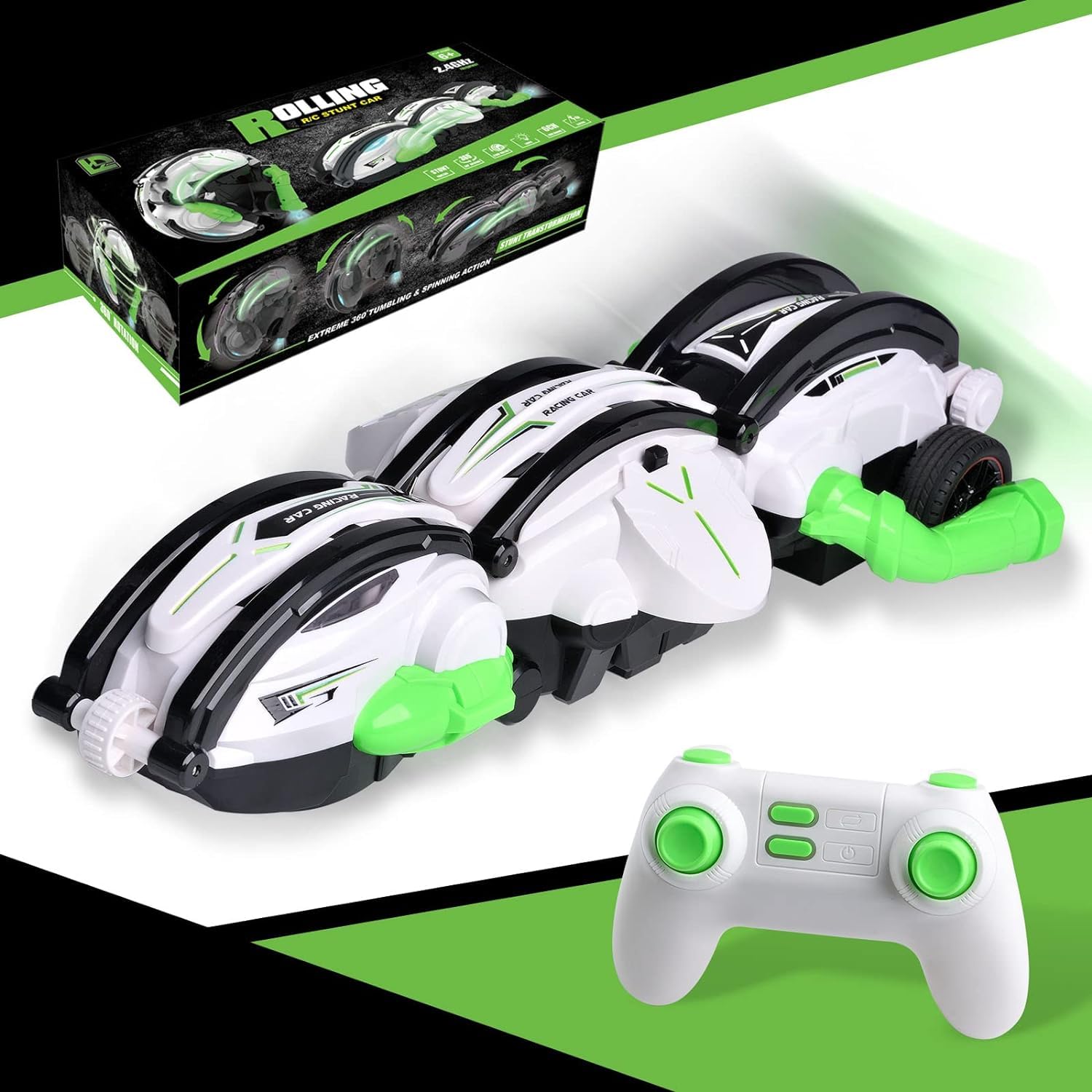 AMERTEER Remote Control Car, RC Car Stunt Toy 360° Roll Snake RC Stunt Car with LED Lights, Christmas & Birthday Gift toys for 3-12 Year -Old Kids Boys/Girls - 2 Batteries for 30+min (Green)