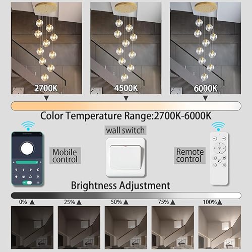 Miniatura 265 de Escalera LED de 10 luces LED moderna con globo de cristal, lámpara colgante grande para techos altos, accesorios de iluminación de entrada, villas y