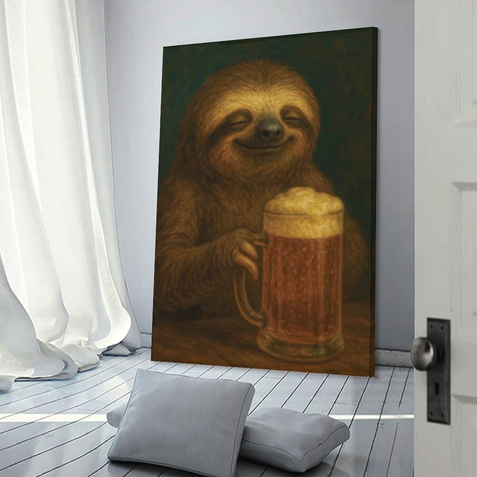 Junmoney Canvas Art Print Sloth with Beer Mug Painting, 24x36inch(60x90cm), for Office, Study Or Home Workspace, Home Office Artwork with Decorative Appeal