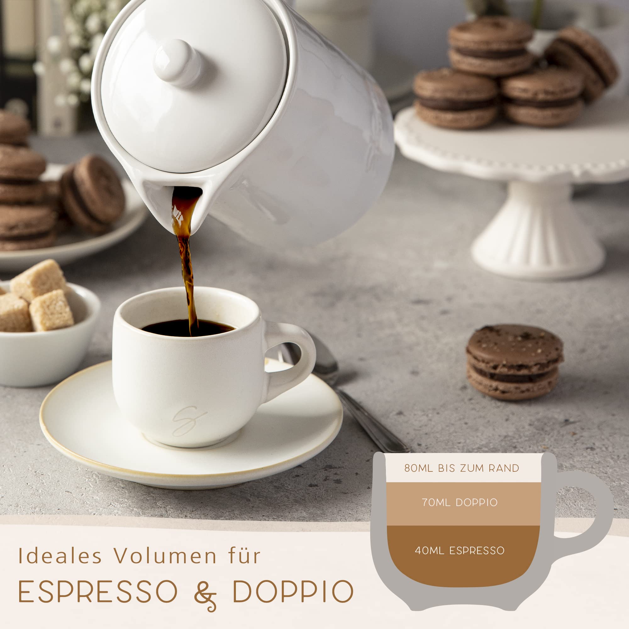 STEINZEIT Design Espressotassen (6x80ml) - Espressotassen Set mit passenden Untertassen - Espressokaffeetassen aus 100% Handfertigung - stapelbare Mokkatassen in Weiß