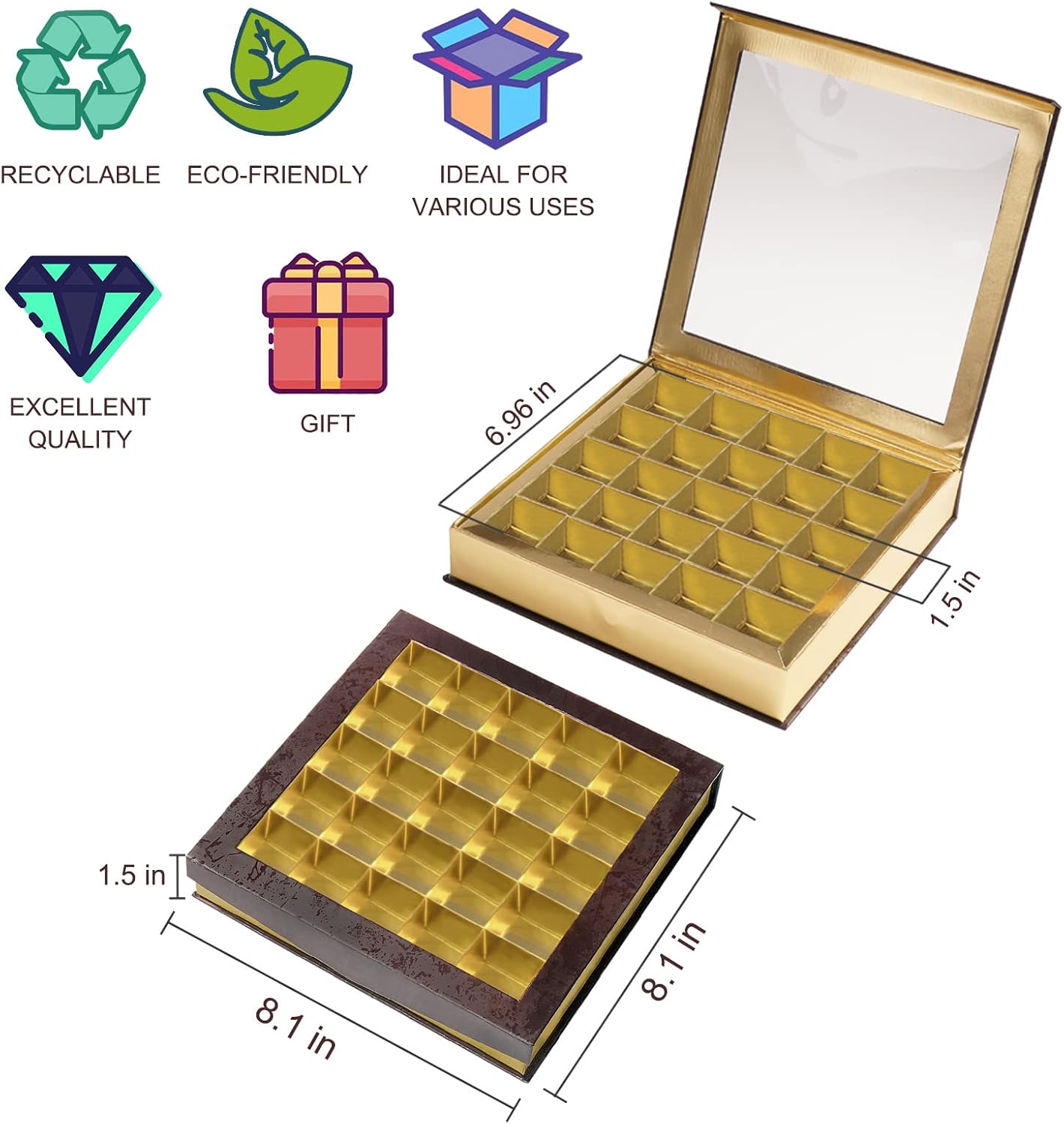 Bumlon Chocolate Gift Boxes Packaging, Truffle Boxes with Dividers, Empty Chocolate Boxes with Window and Magnetic Closure for Handmade Chocolate, Mini Truffle, Gift Cards, Valentine’s Day (25 Grids - 2 Pack)