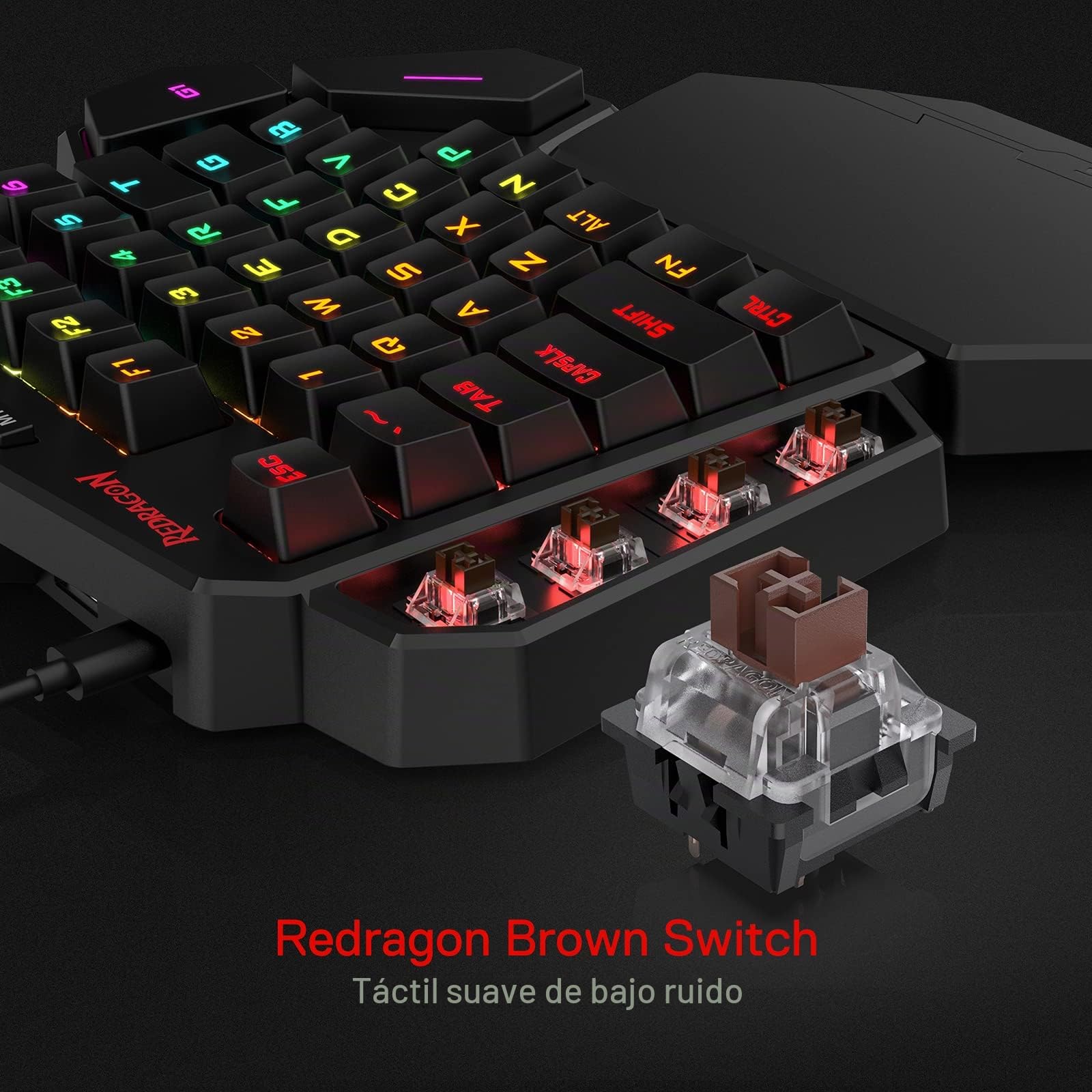 Redragon K585 DITI Clavier de Jeu mécanique RGB à UNE Main, Clavier de Jeu Professionnel Filaire de Type C Avec 7 Touches Macro intégrées, Repose-Poignet détachable, 42 Touches, US Layout