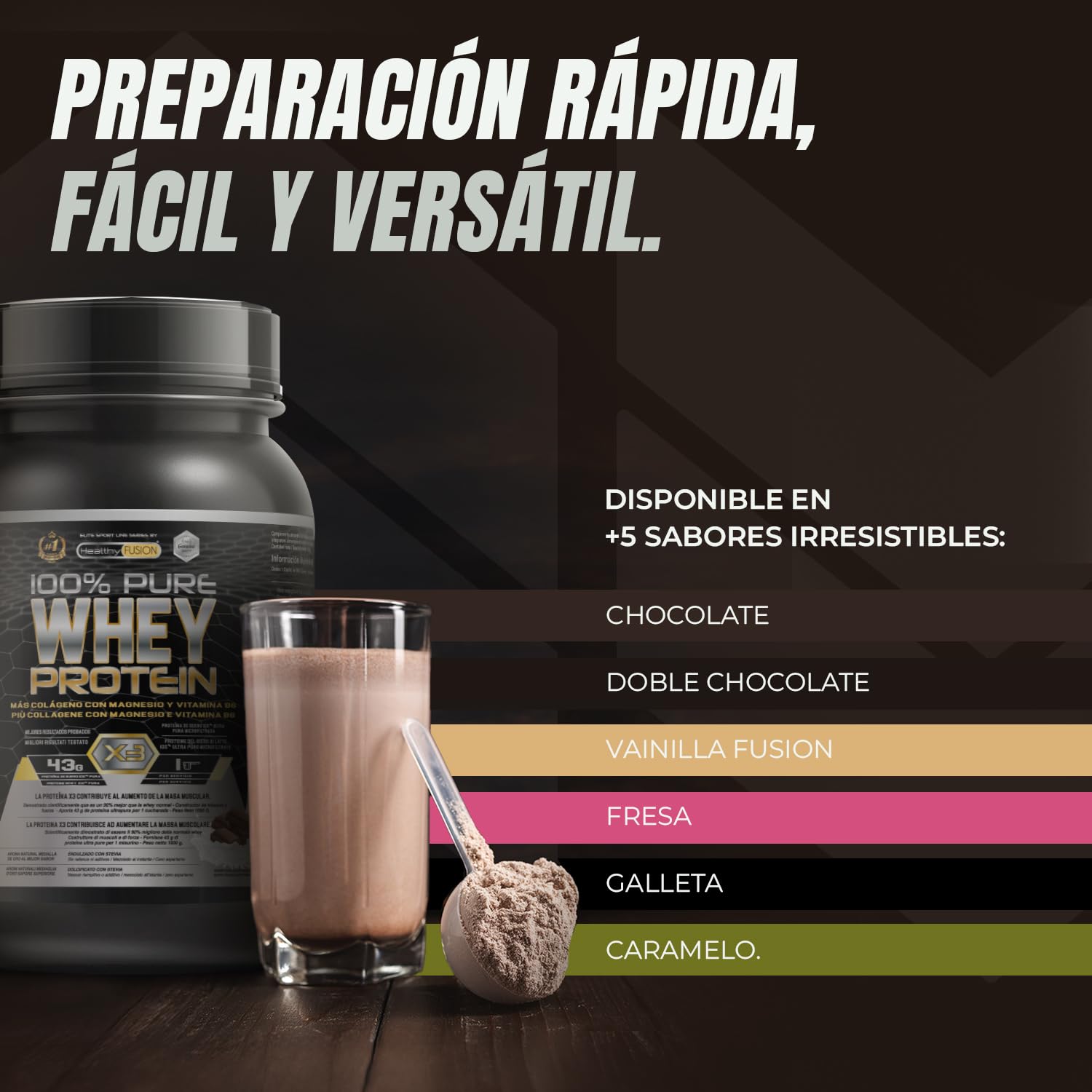 Healthy Fusion Whey Protein | Proteína Whey pura con Colágeno + Magnesio | Mejora tus entrenamientos | Protege y aumenta la masa muscular | 1000g de proteína (Chocolate)