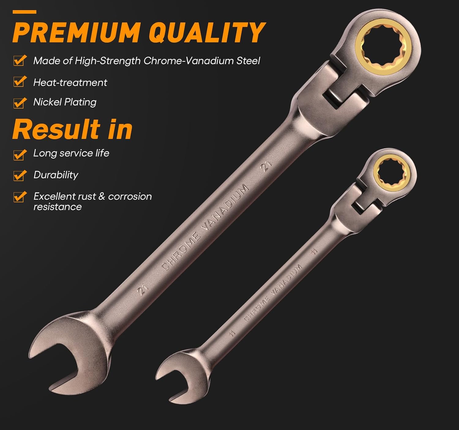 14PCS Flex-Head Ratcheting Wrench Set, Metric 8-21mm Ratchet Combination Wrenches Set, 72-Teeth, Cr-V Constructed, Nickel Plating with Organization Bag