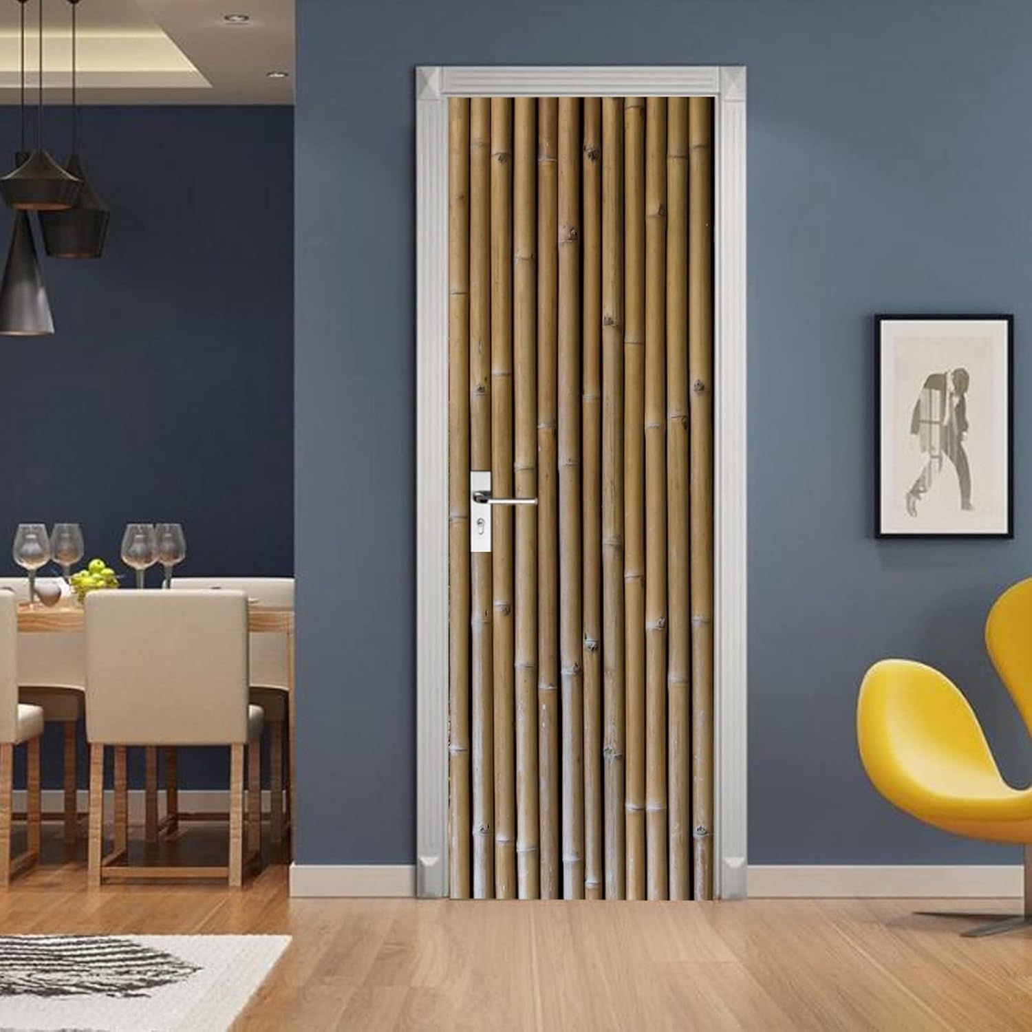 3D Door Stickers for Interior Doors Yellow Bamboo Stems Bamboo Fence Texture Vinyl Removable Self Adhesive Door Poster Wallpaper Mural Decals for Bedroom Office Bathroom 95 x 215 cm