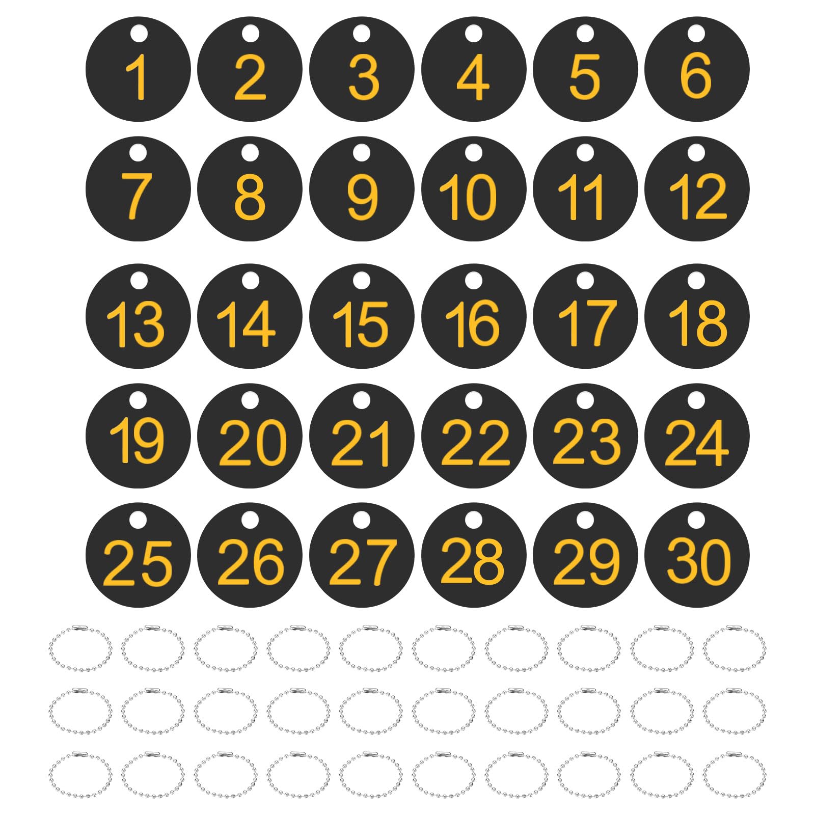 PATIKIL 1-30 Number Tags, 30Pcs Round ID Number Key Tags Plastic Numbered Keychain with Key Rings for Luggage Lockers Organizer Field Sales Hangers Clothes Labels, Yellow-Black