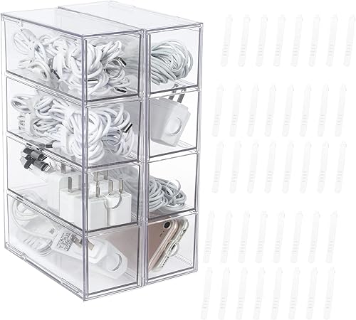 Yesesion Paquete de 2 cajones organizadores de cables de plástico transparente caja de almacenamiento de cables con 40 bridas de alambre vitrina