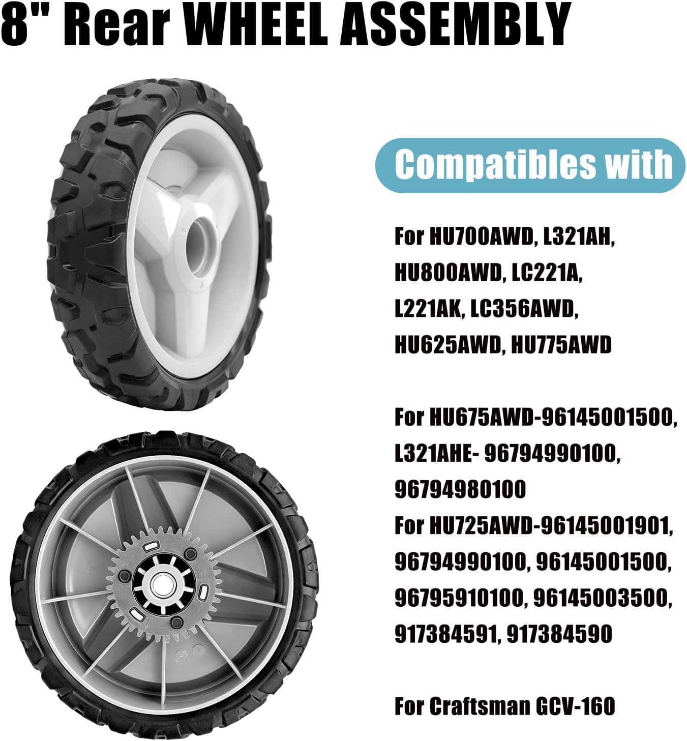 580365301 Drive Wheels Replacement 593198101-8" Push Mower Drive Wheels with Metal Gear Compatible with HU675AWD, HU700AWD, HU725AWD, HU800AWD, L321AH, LC221A, For Craftsman GCV-160 Mower