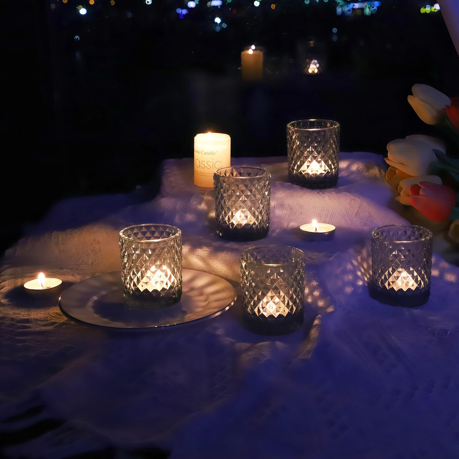 12 bicchieri da tè in vetro blu per matrimoni, decorazione da tavolo, portacandele in vetro per festa di compleanno, per decorazione della casa