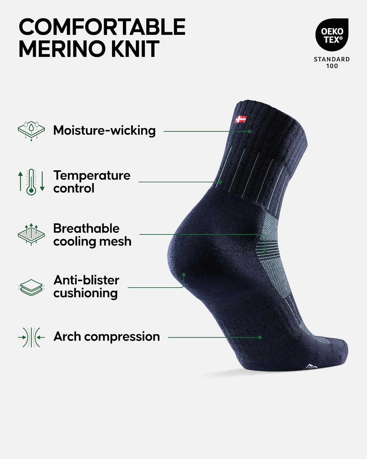 DANISH ENDURANCE Warm Running Socks, Winter Running Socks, Anti-Blister Cushioning, Merino Wool, Women & Men, 2 Pack