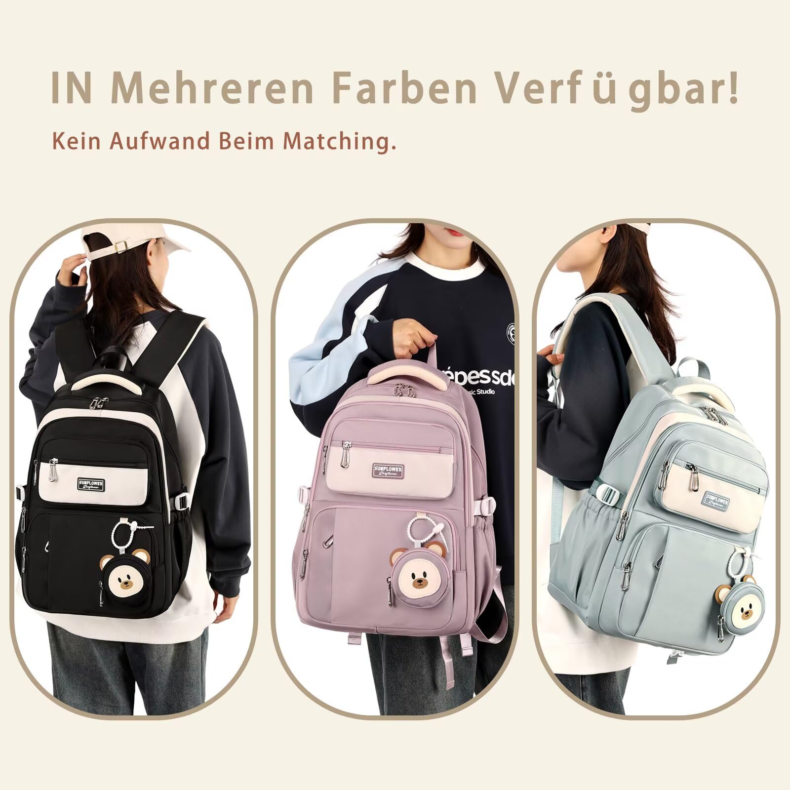 Cartable Fille Primaire Sac a Dos College Fille Kawaii Voyage,Noir