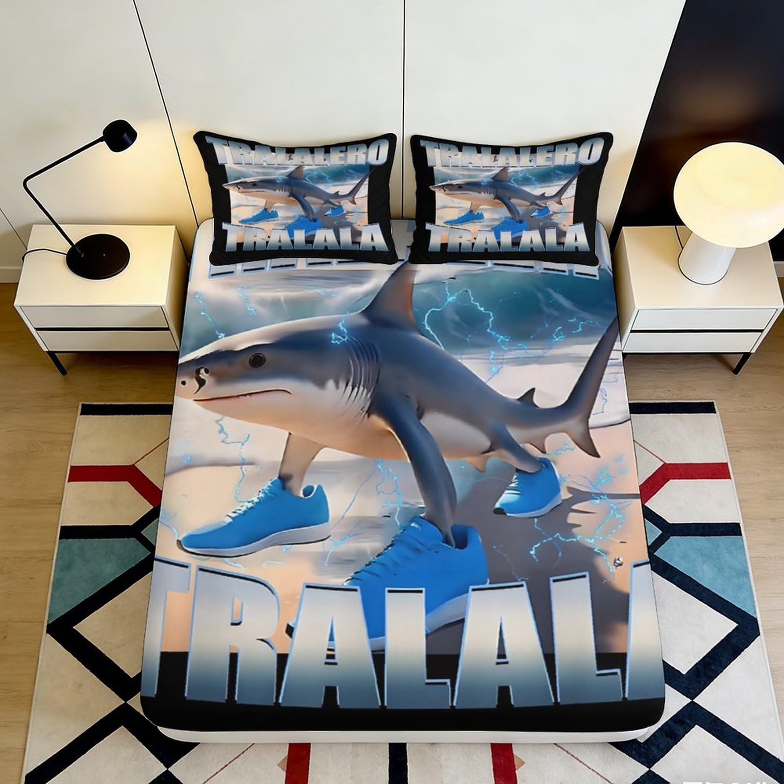 3D Printed Shark with Sneakers Fitted Sheet Microfiber Anti-Slip Bed Cover Lightning Decor for Bedroom Guest Room Dorm Mattress Protection 180x200x25cm