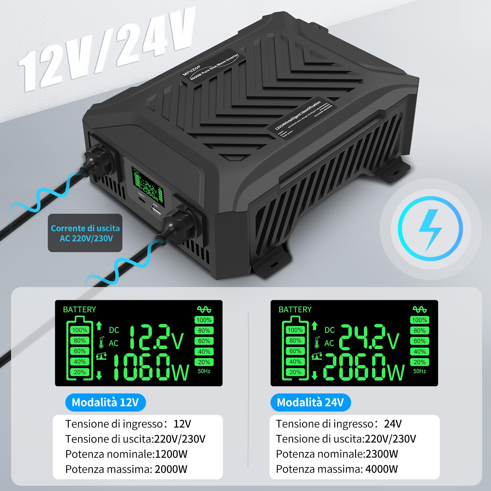 MFUZOP Power Inverter 12v/24V 220v onda pura 1200W/2300W Convertitore con sistema di rilevamento intelligente, con 2 prese AC, 1 porta Type-C, 1 porta USB 5V 2.1A & LCD-Display