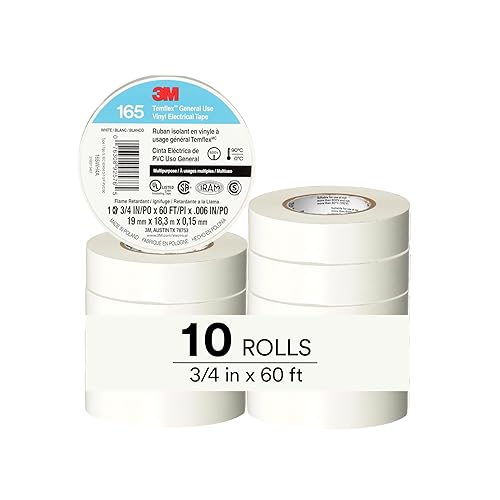 3M Temflex - Cinta eléctrica de vinilo multiusos 165, color blanco, 34 pulgadas x 60 pies (0.748 in x 59.1 ft), paquete de 10 rollos