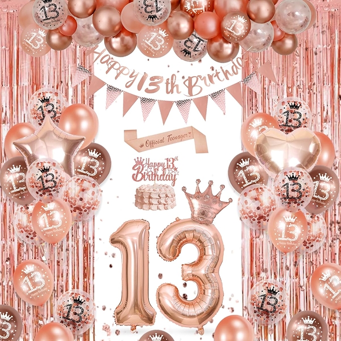 公主13岁生日派对装饰套件 - 玫瑰金气球拱门与生日横幅