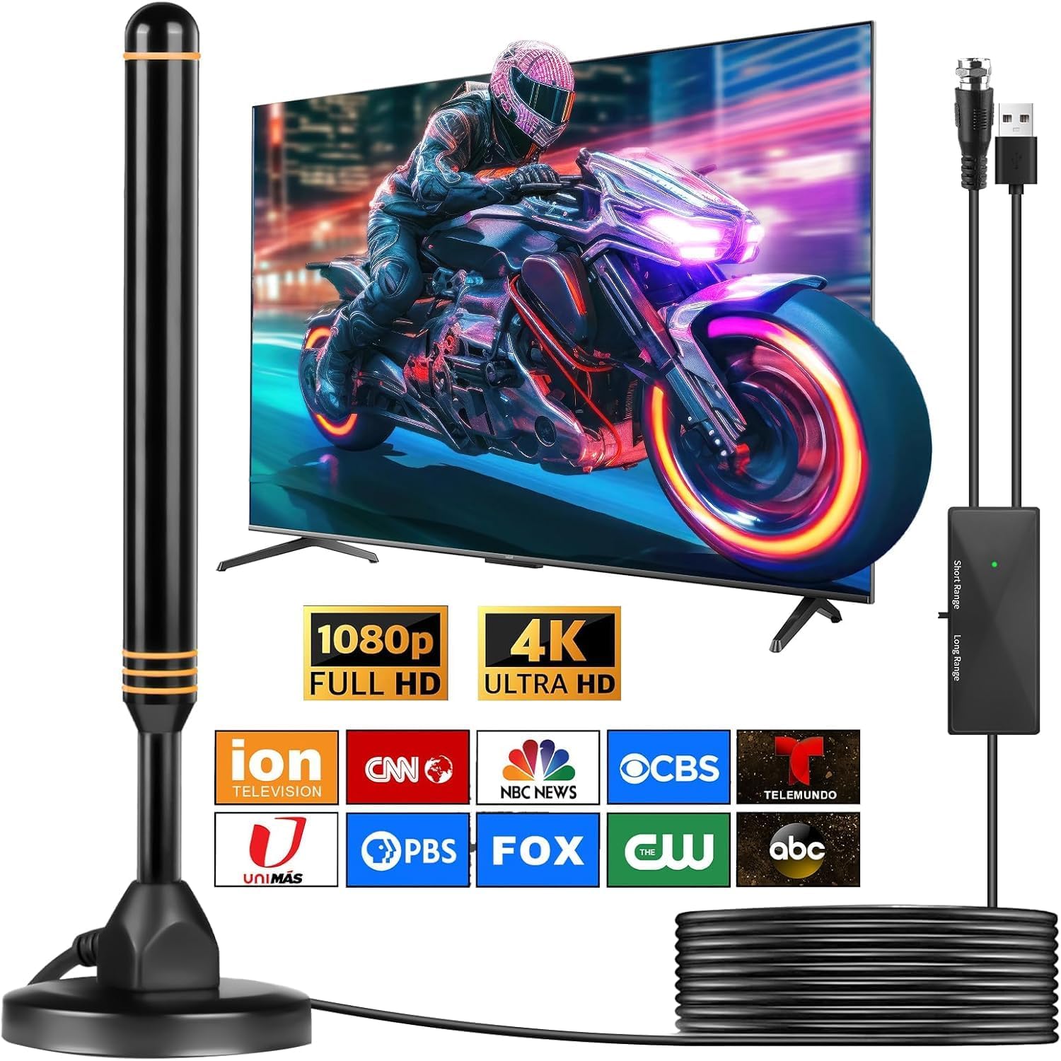 TV Antenna Indoor Antenna for Smart TV for Long Range Reception and All Smart TVs HD Digital Antenna with Amplifier Signal Booster for Local Channels Supports 4K 1080p-(Orange)
