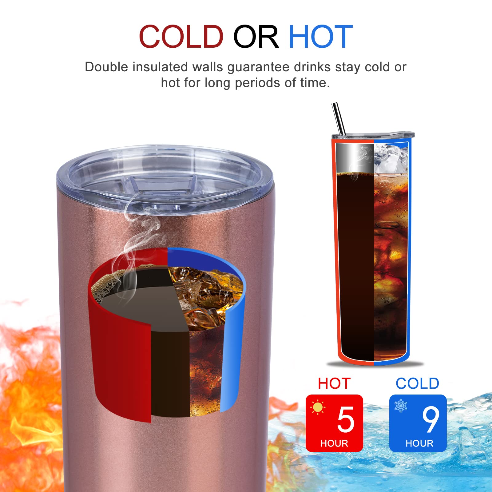 Skinny Reisebecher, 590 ml, 4 Stück, Edelstahl, schmale Trinkgläser mit Deckel, Strohhalm, doppelwandig, isoliert, schmal, für Kaffee, Wasser, Tee, Roségold