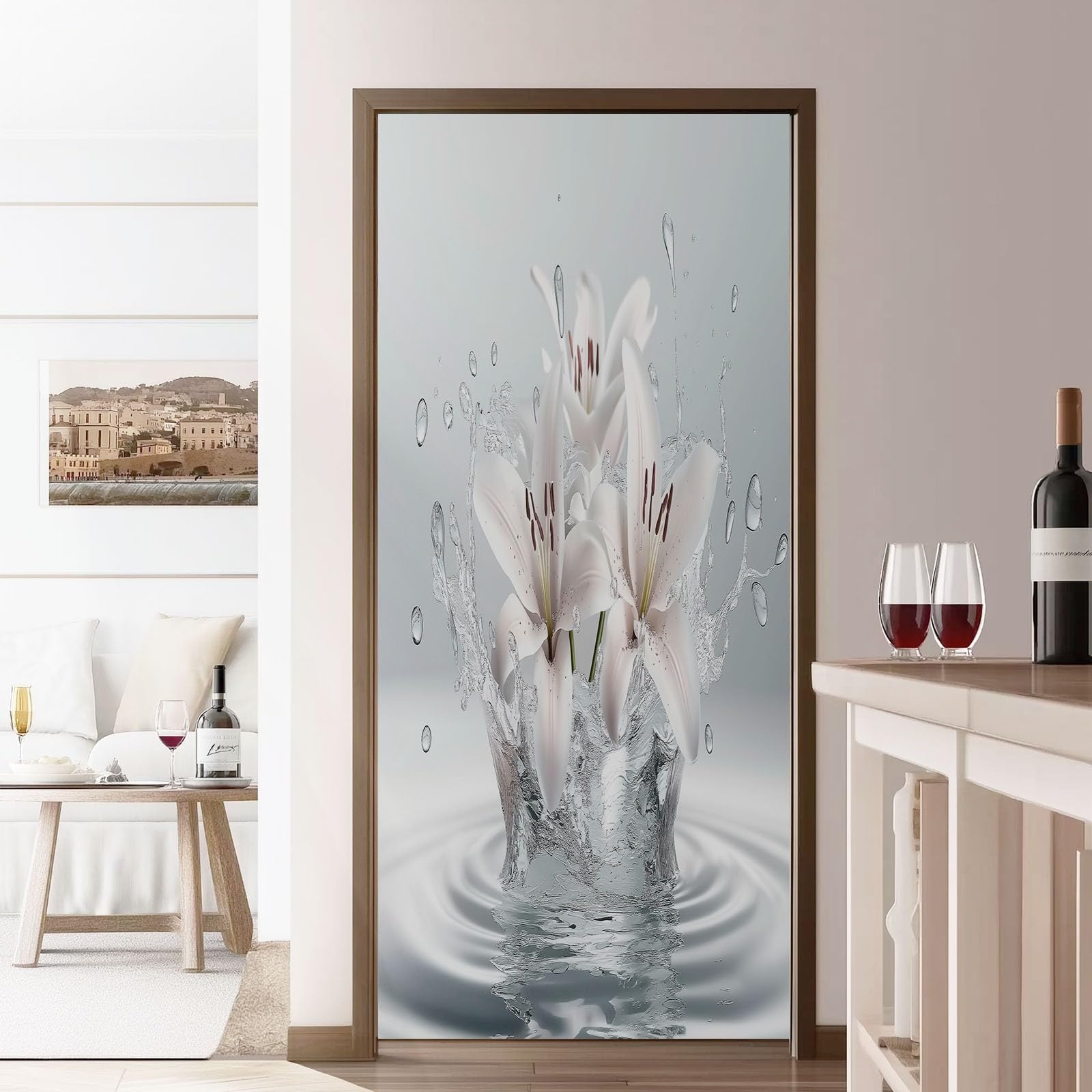 Adesivo Per Porte 3D Per Porte Interne, 80 x 210 cm 3D Piante Giglio Gocce D'Acqua Fotomurali Autoadesivi Impermeabile Porta In PVC, Carta Da Parati Soggiorno Cucina Camerette, Bianco Grigio