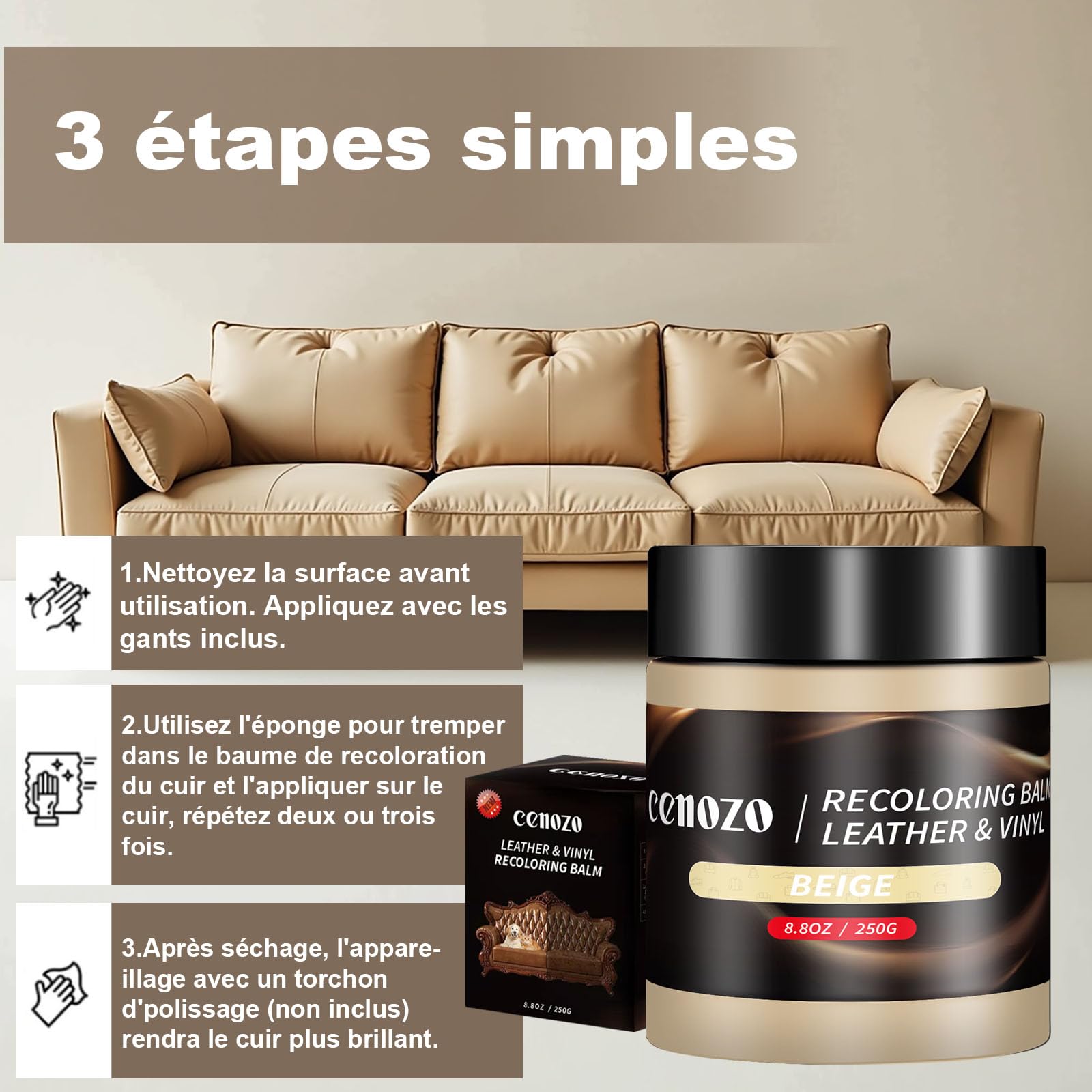 cenozo 250g Beige Kit Reparation Cuir,Teinture Cuir,Peinture Cuir Liquide,Pâte Réparatrice Cuir pour Cuir Canapé,Chaussures,Sièges de Voiture,Blouson en Cuir Rayures et Décoloration - 4