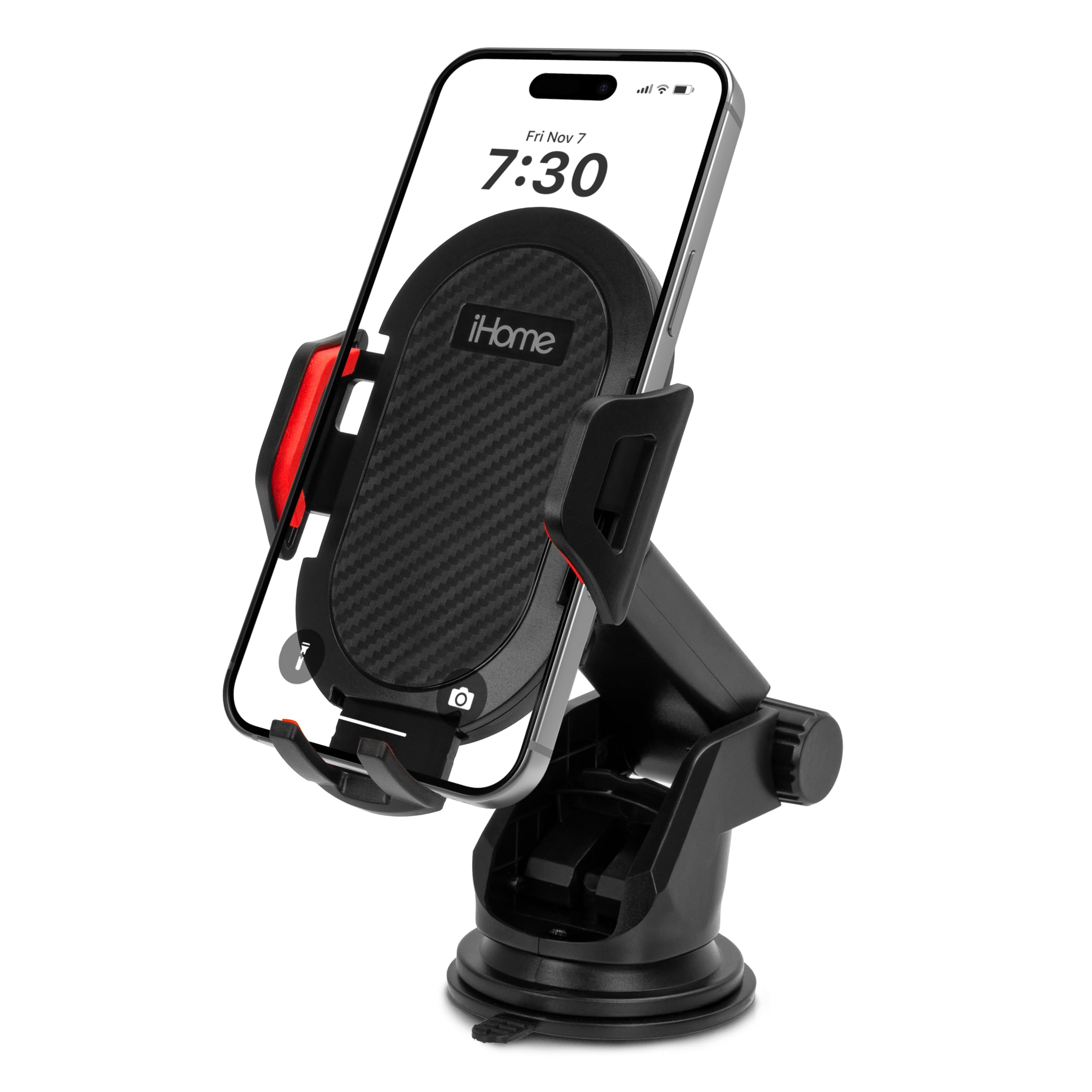 iHome Car Mount, Dashboard/Windshield/Vent Mount, Swivel Neck, Silicone Grip, Adjustable Mount Arm with Suction Cup Base (Adjustable Arm Car Mount)