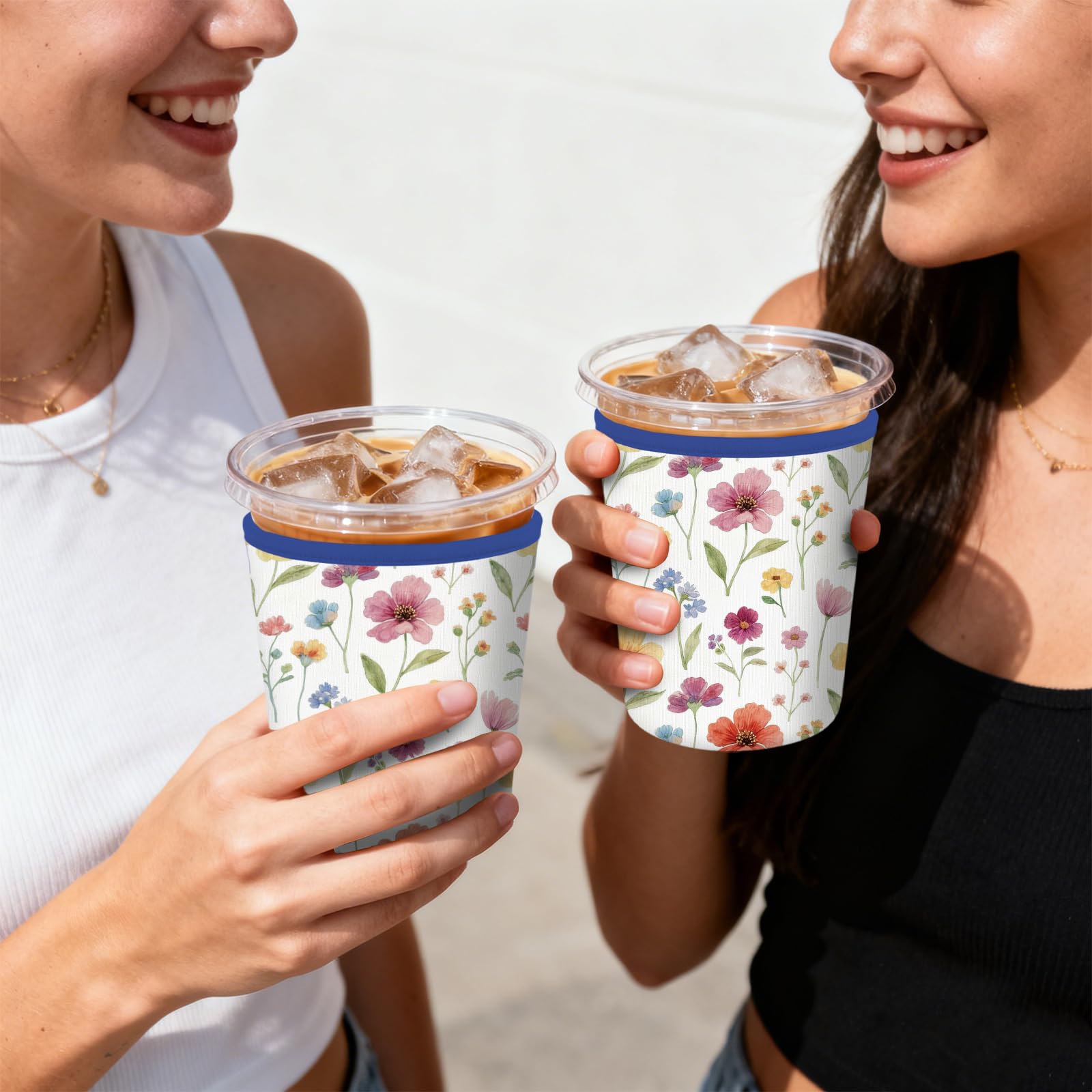 MAYJOYDIY Manchon Isotherme en Néoprène pour Tasse à Café Glacé Motif Floral Bohème Fleurs et Feuilles Colorées Compatible avec les Boissons Chaudes et Froides de 16-32oz