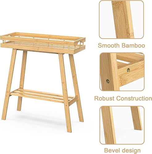 Miniatura 5 de BAMBANG Soporte de bambú para plantas de interior, mesa pequeña de 2 niveles, soporte alto para plantas de interior, estante para plantas de