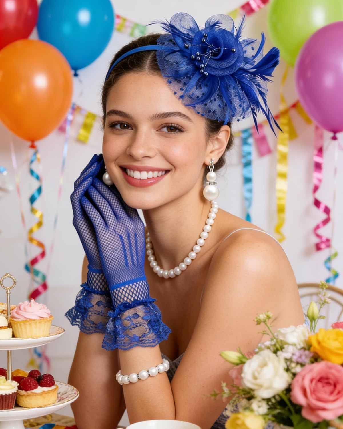 1920s Vintage Fascinators Hat Set for Women Tea Party Hats Veil Mesh Feather Headband Lace Gloves Set - Image 9