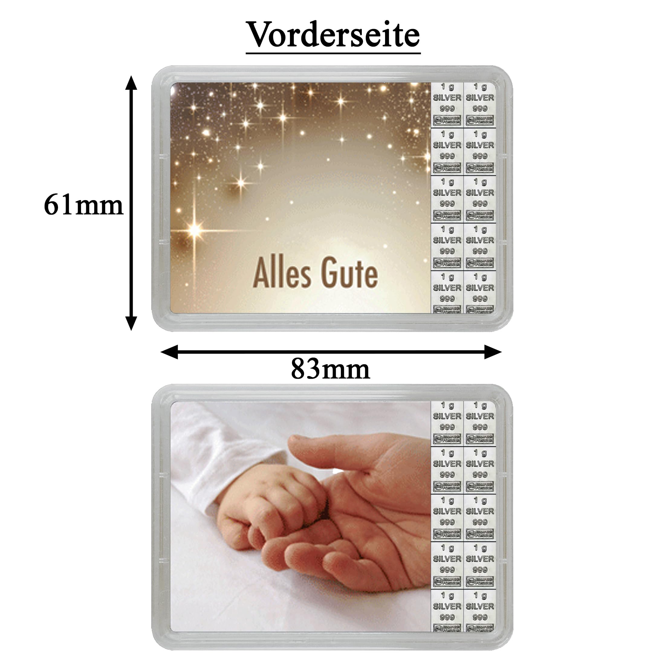 Silberbarren zur Geburt in Flip-Motivbox „Alles Gute“ von Silberstücke24 – Feinsilber 999 CombiBar – Geschenkfertig für Baby & Neugeborene (10g Silber)