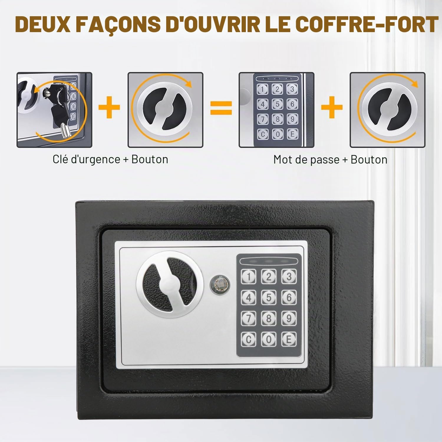 Coffre-fort de 4,6 l pour la maison, coffre-fort électronique antivol avec 2 clés, coffre-fort étanche, boîte de sécurité numérique pour objets de valeur, argent liquide et documents importants