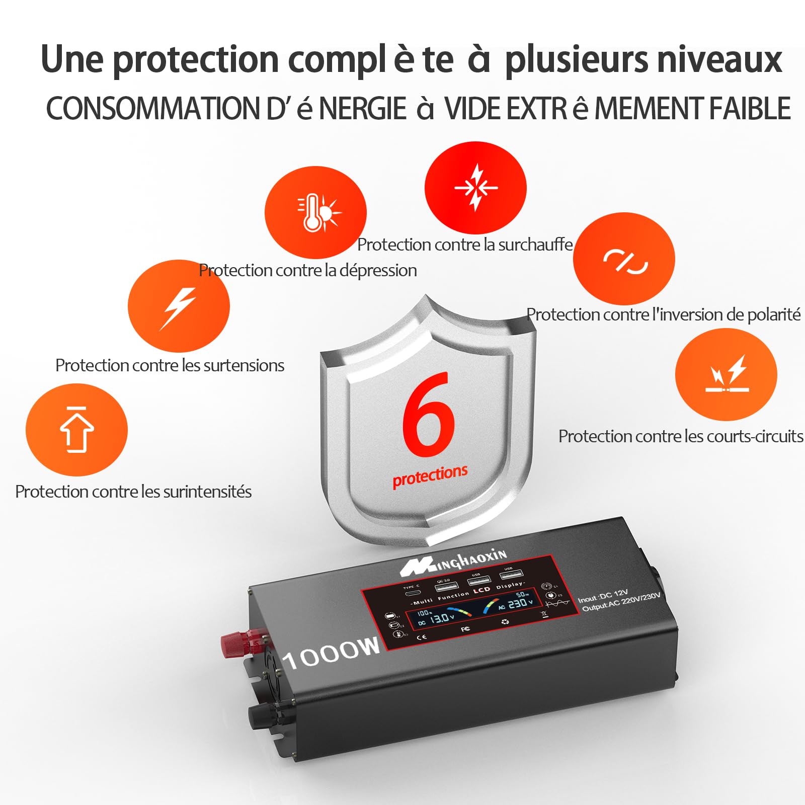 Convertisseur 12V 220V Pur Sinus 1000W/2000W Inverter Convertisseur De Tension avec EU De Courant Alternatif Et 3 Port USB-A Et USB-C De Voiture De Tension Onduleurr pour RV Voiture De Camion