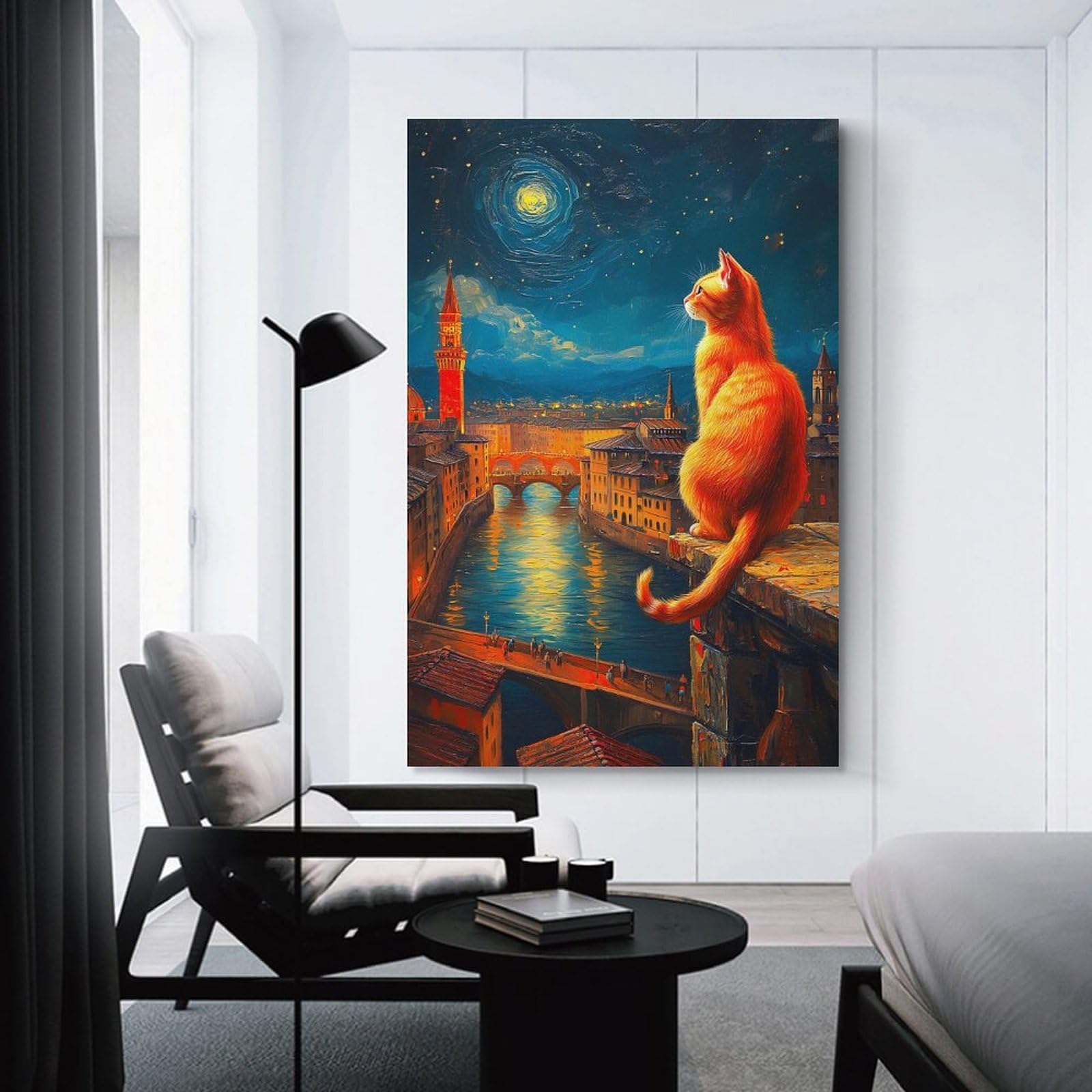 Junmoney Wall Art Print Cat Overlooking Florence at Night, 24x36inch(60x90cm), for Hallway, Bedroom Or Modern Interiors, Thoughtful Wall Decor for Art Lovers