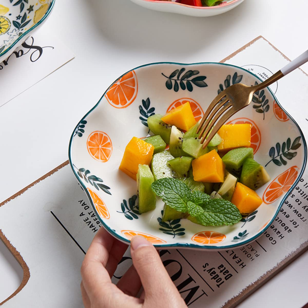 SwissHome Whimsical Orchard Delight Round Ceramic Salad Bowl for Dessert, Soup, Rice, and More - Microwave & Oven Safe (Orange Pattern) 1