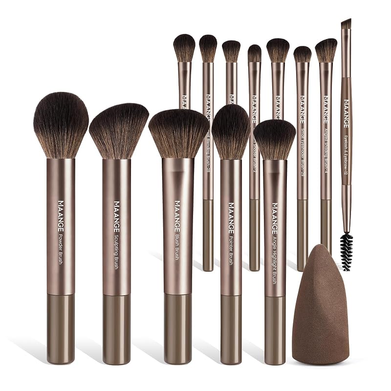 Kit de Pincéis de Maquiagem MAANGE com 13 Peças e Esponja, Fibras Sintéticas, Dark Coffee